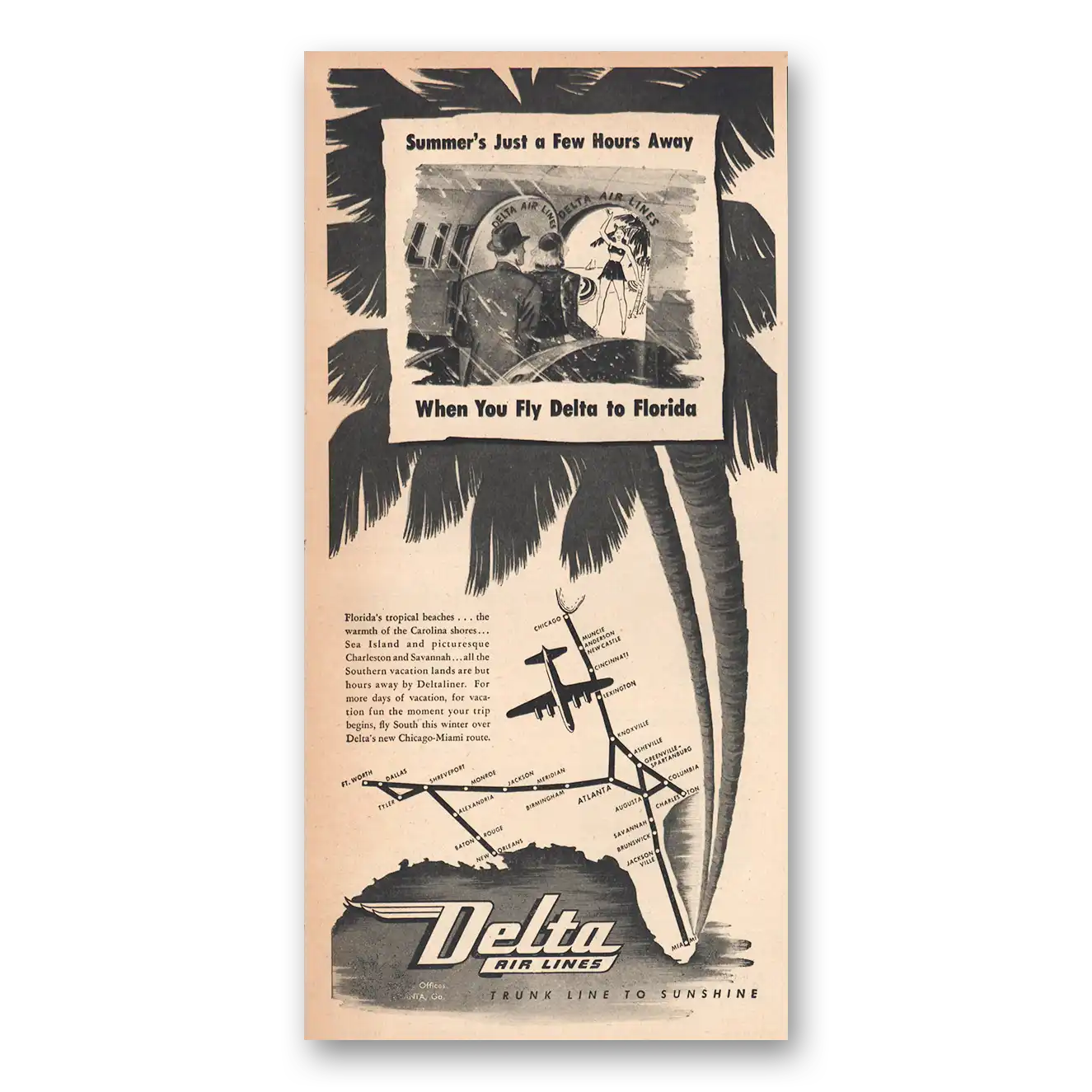 1945 Delta Air Lines Summers Just a Few Hours Away Florida Vintage Magazine Print Ad