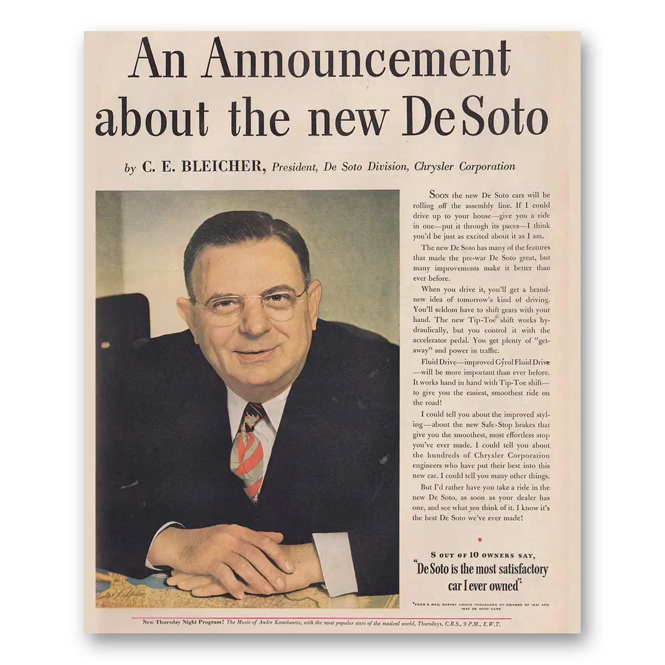 1945 DeSoto Announcement About the New DeSoto Bleicher Vintage Magazine Print Ad