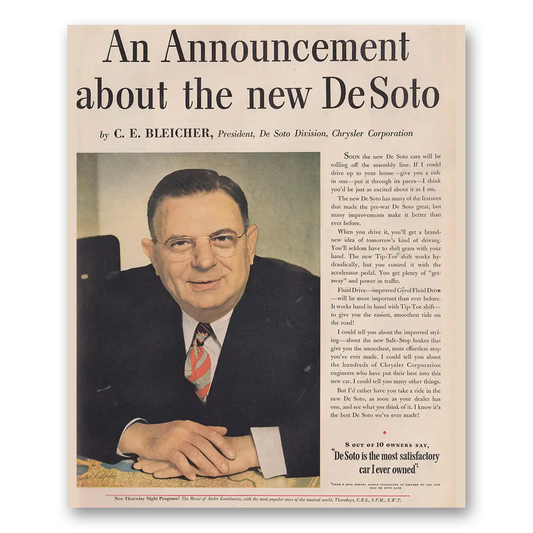 1945 DeSoto Announcement About the New DeSoto Bleicher Vintage Magazine Print Ad