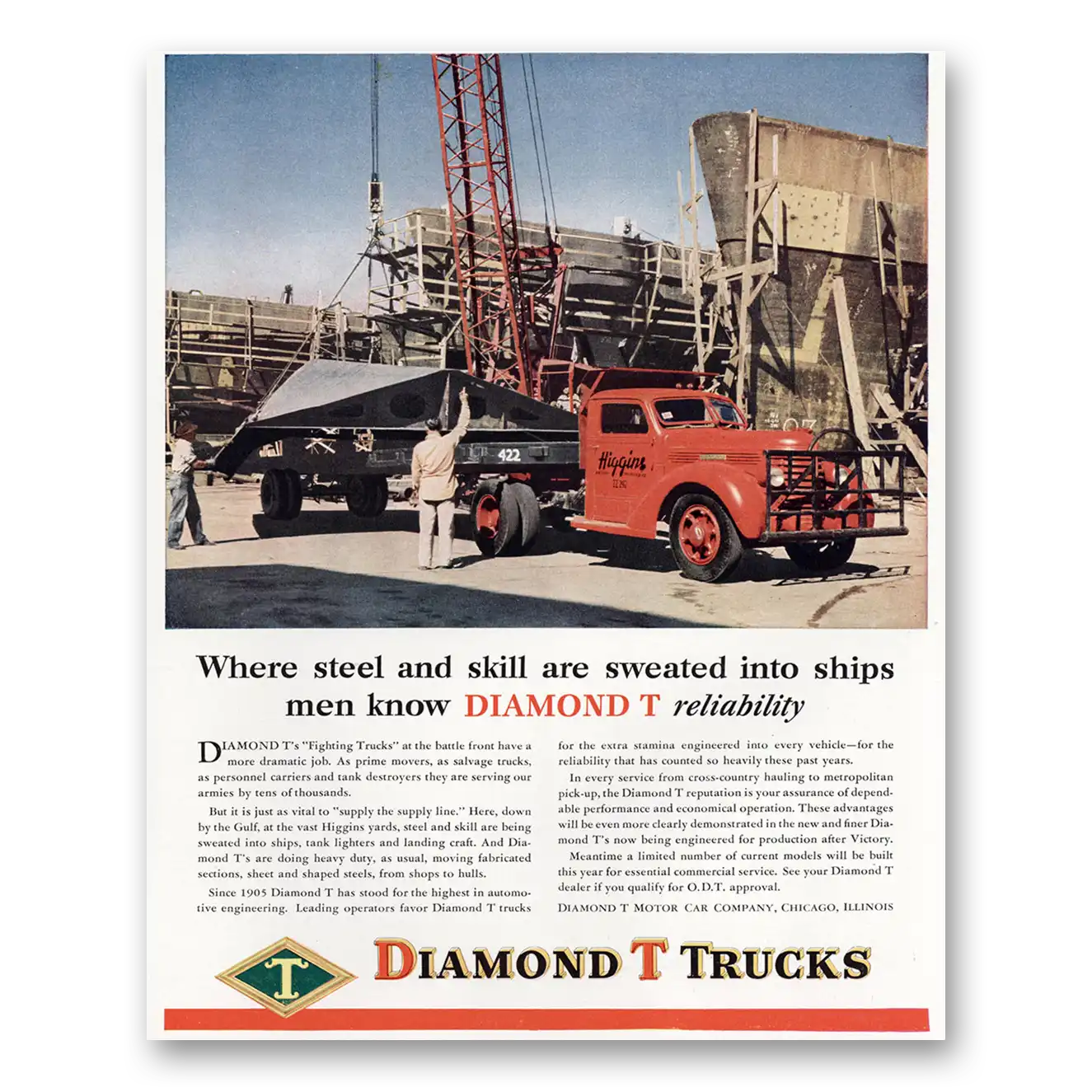 1945 Diamond T Trucks Steel and Skill Sweated Into Ships Vintage Magazine Print Ad