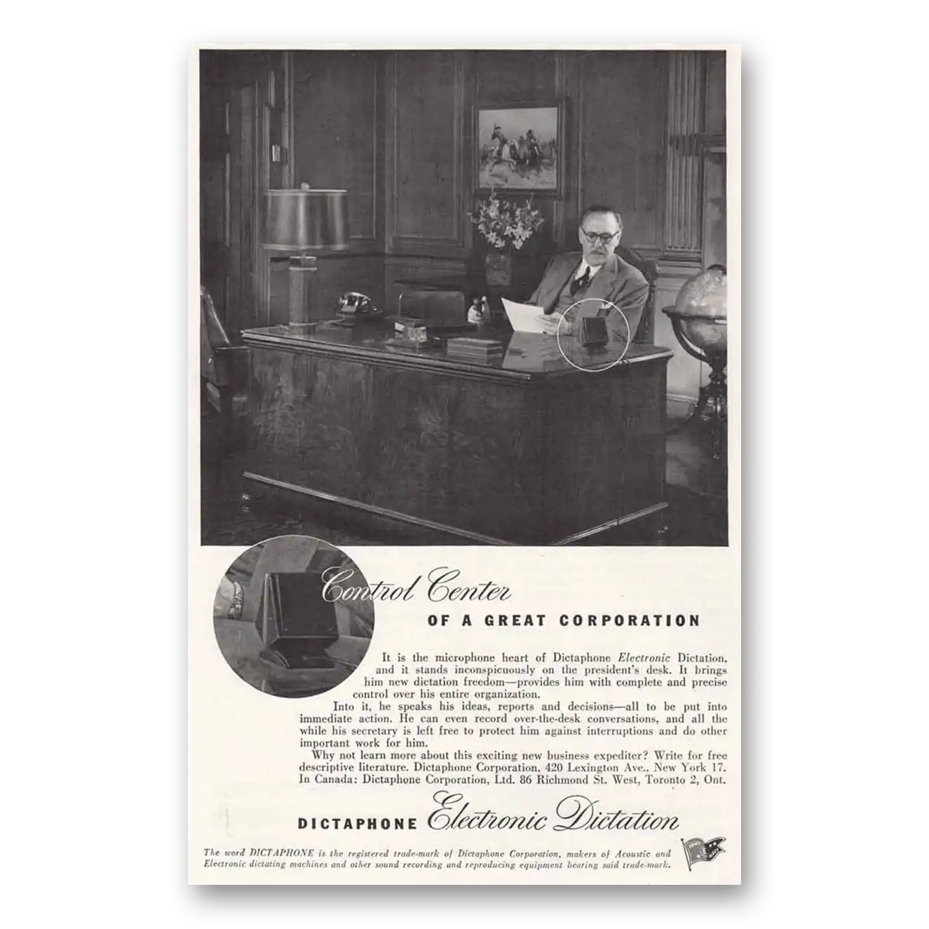 1945 Dictaphone Electronic Dictation Control Center Vintage Magazine Print Ad