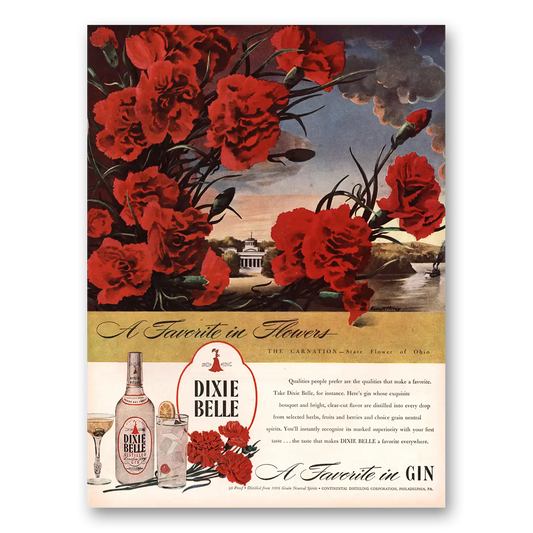 1945 Dixie Belle Gin Favorite In Flowers Carnation Vintage Magazine Print Ad