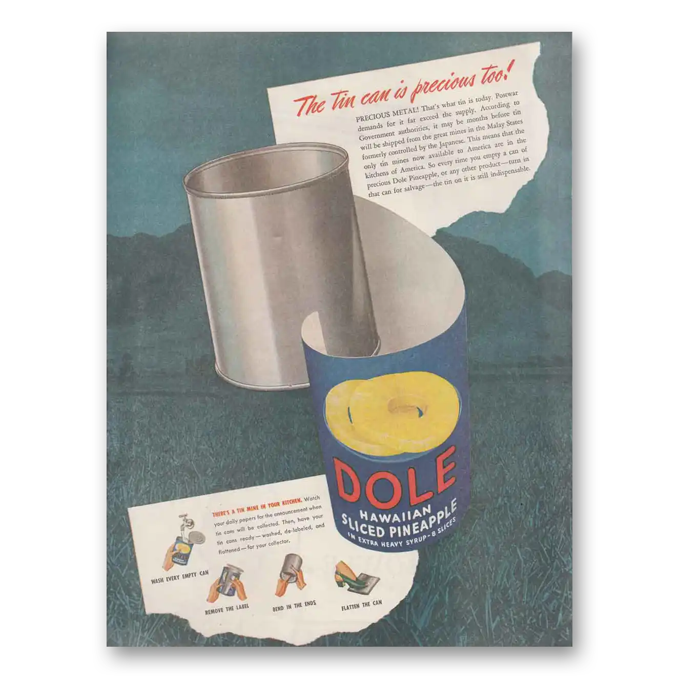 1945 Dole Pineapple Juice Pineapple The Tin Can is Precious Vintage Magazine Print Ad