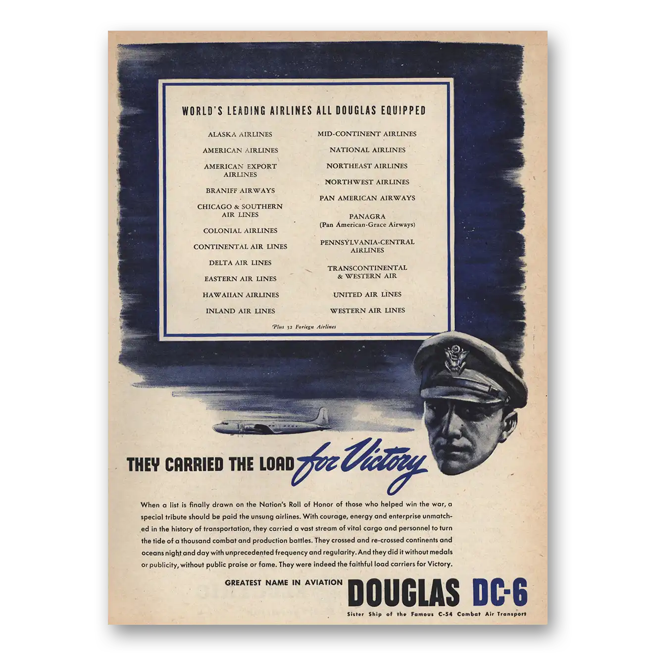 1945 Douglas DC6 Carried the Load for Victory Vintage Magazine Print Ad