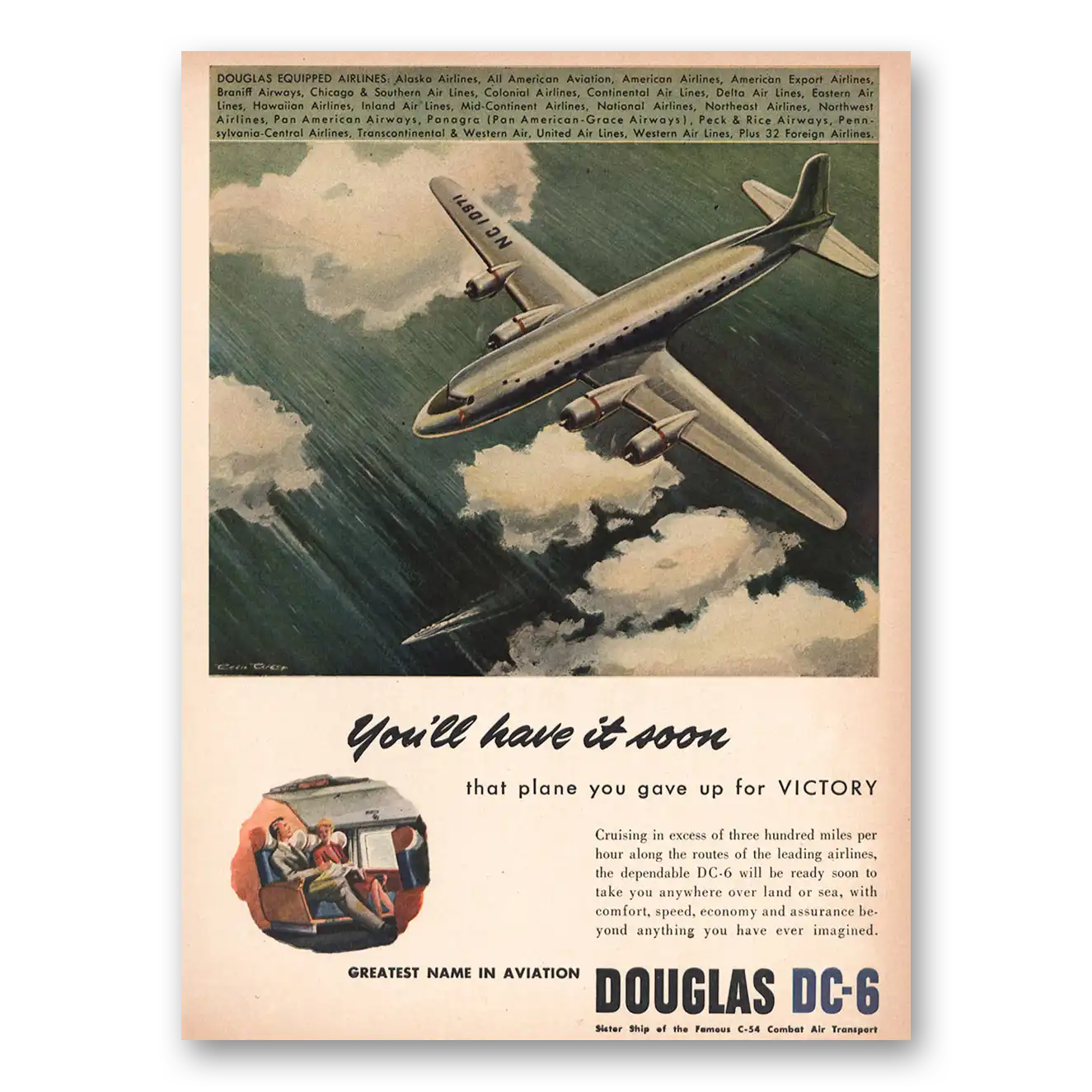 1945 Douglas DC6 Have It Soon Vintage Magazine Print Ad