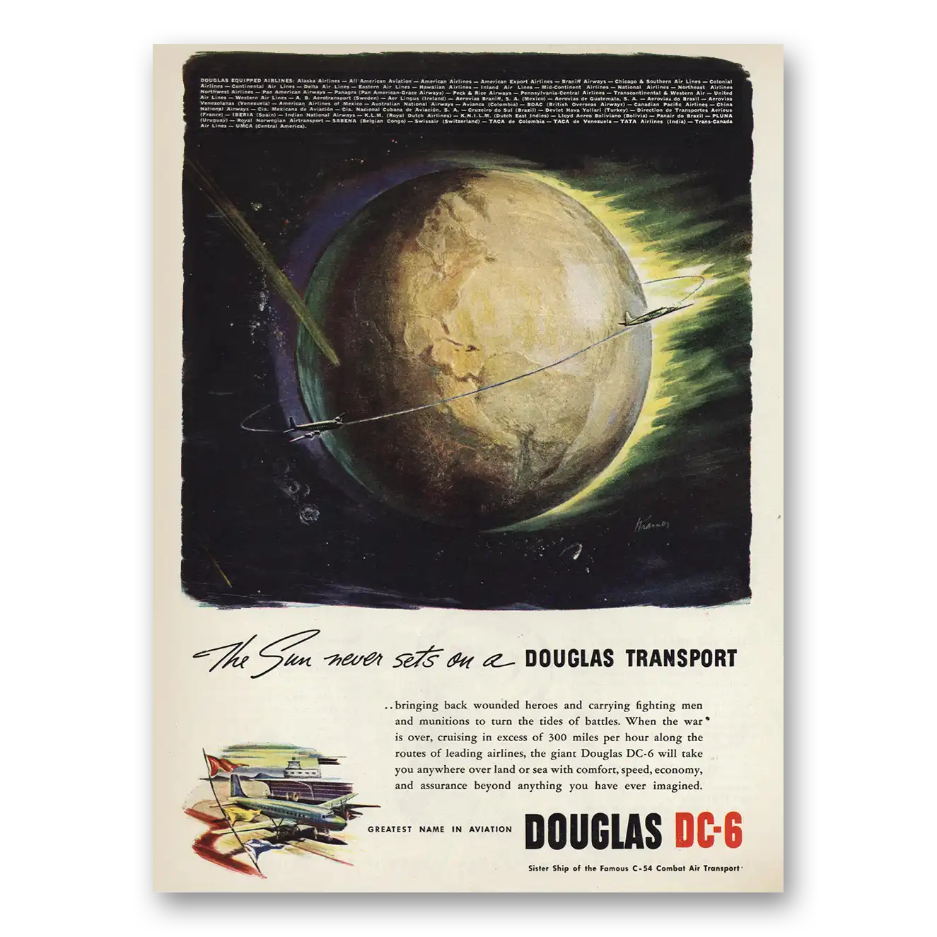 1945 Douglas DC6 The Sun Never Sets Vintage Magazine Print Ad