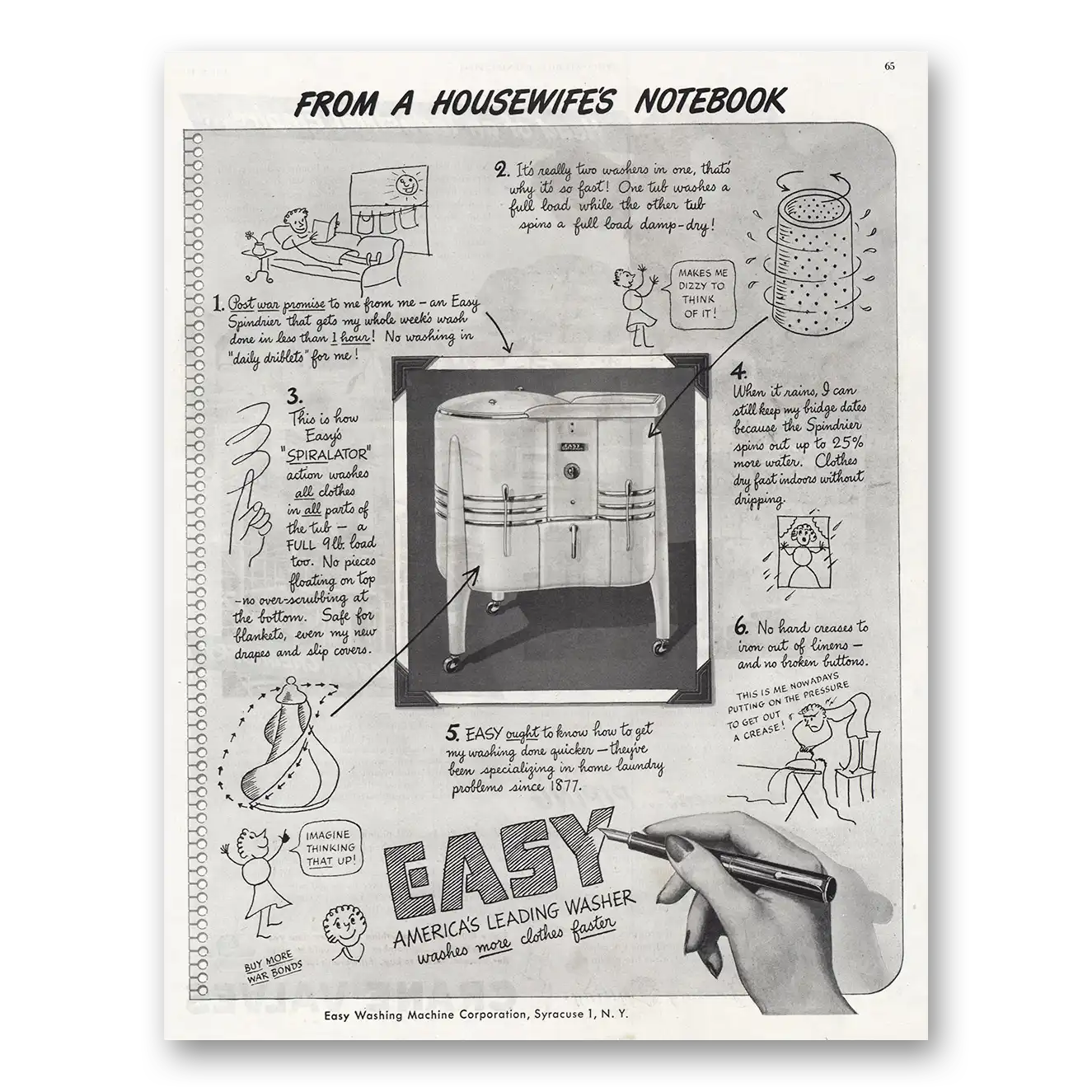 1945 Easy Washing Machine Housewifes Notebook Vintage Magazine Print Ad