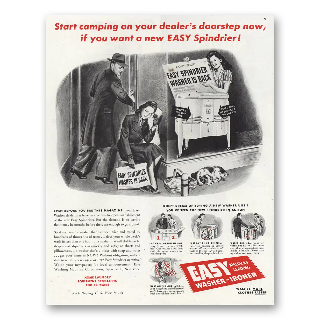 1945 Easy Spindrier Start Camping On Dealers Doorstep Vintage Magazine Print Ad