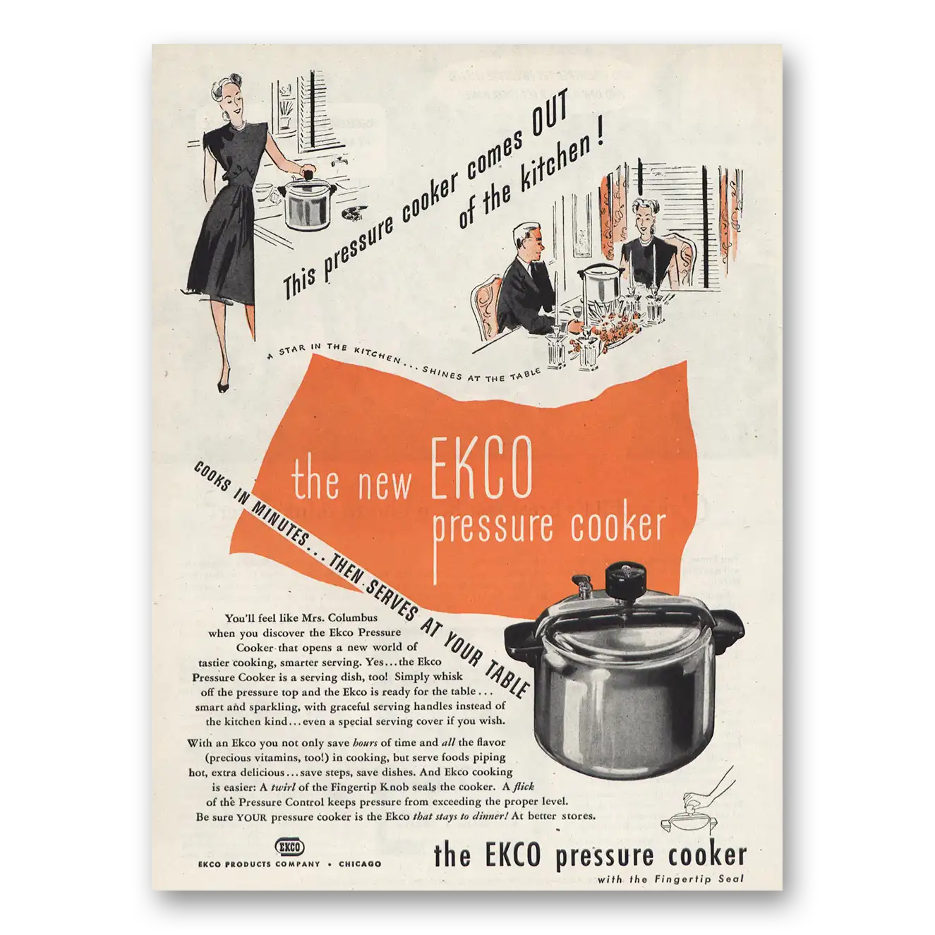 1945 Ekco Pressure Cooker Comes Out of the Kitchen Vintage Magazine Print Ad