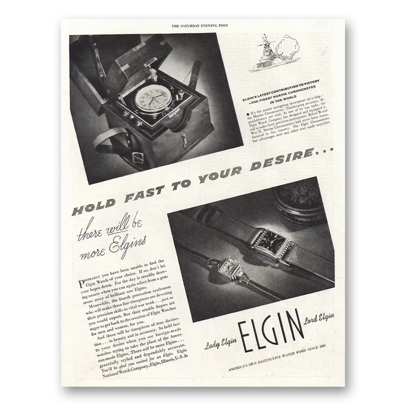 1945 Elgin Watch Hold Fast to Desire Vintage Magazine Print Ad