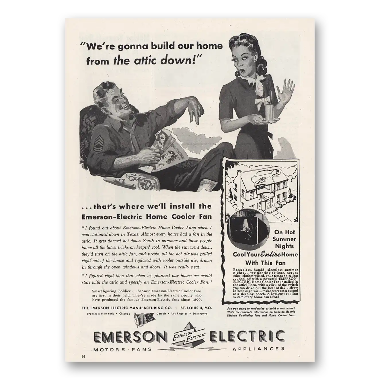 1945 Emerson Electric Home Cooler Fan Build Our Own Home Attic Down Vintage Magazine Print Ad