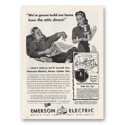 1945 Emerson Electric Home Cooler Fan Build Our Own Home Attic Down Vintage Magazine Print Ad