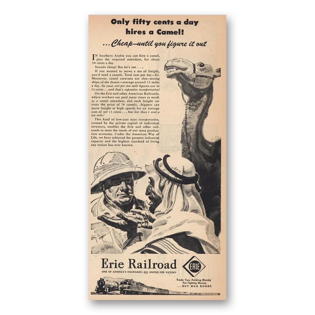 1945 Erie Railroad Fifty Cents Day Hires Camel Vintage Magazine Print Ad