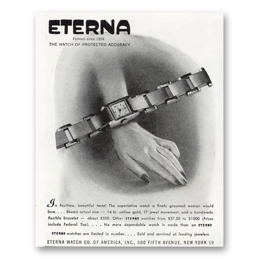 1945 Eterna Watch Faultless Beautiful Taste Vintage Magazine Print Ad