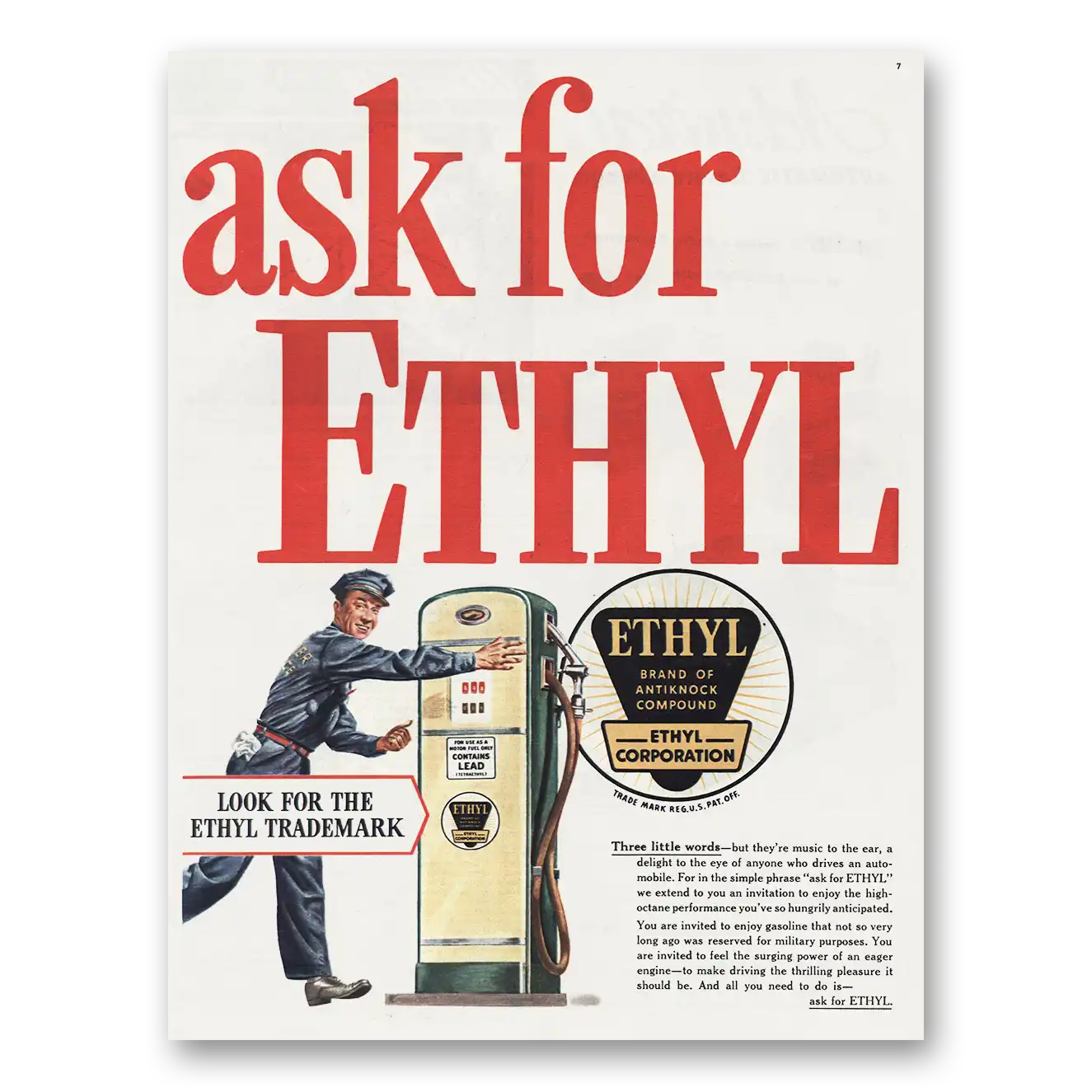 1945 Ethyl Gasoline Ask for Ethyl Vintage Magazine Print Ad