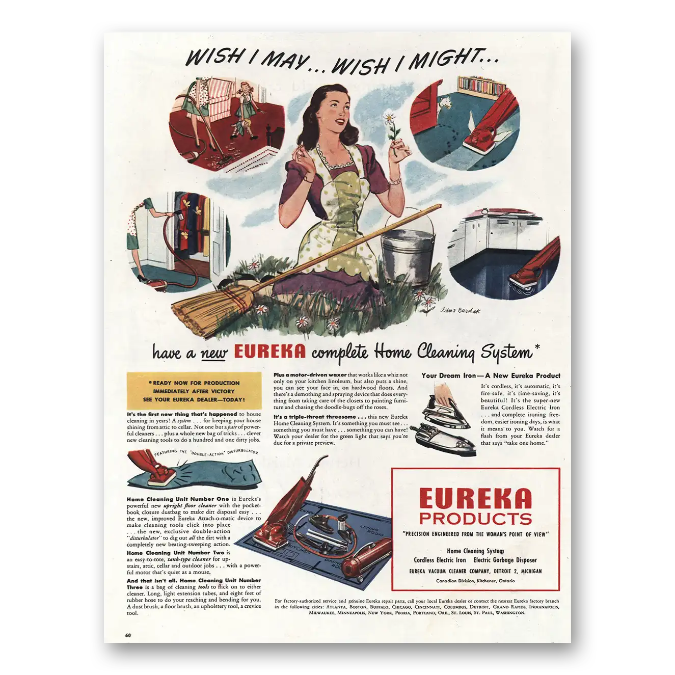 1945 Eureka Vacuum Cleaner Wish I May Wish I Might Vintage Magazine Print Ad