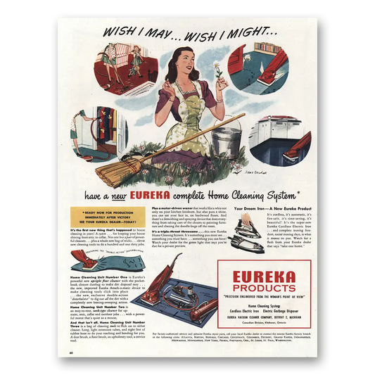 1945 Eureka Vacuum Cleaner Wish I May Wish I Might Vintage Magazine Print Ad