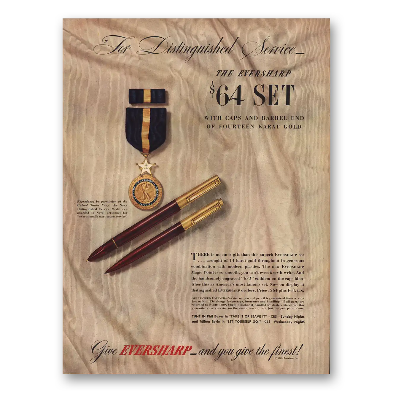 1945 Eversharp Distinguished Service Navy Medal Vintage Magazine Print Ad