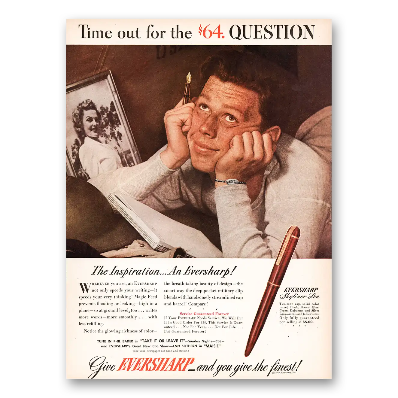 1945 Wahl Eversharp Time Out for the 64 Question Vintage Magazine Print Ad