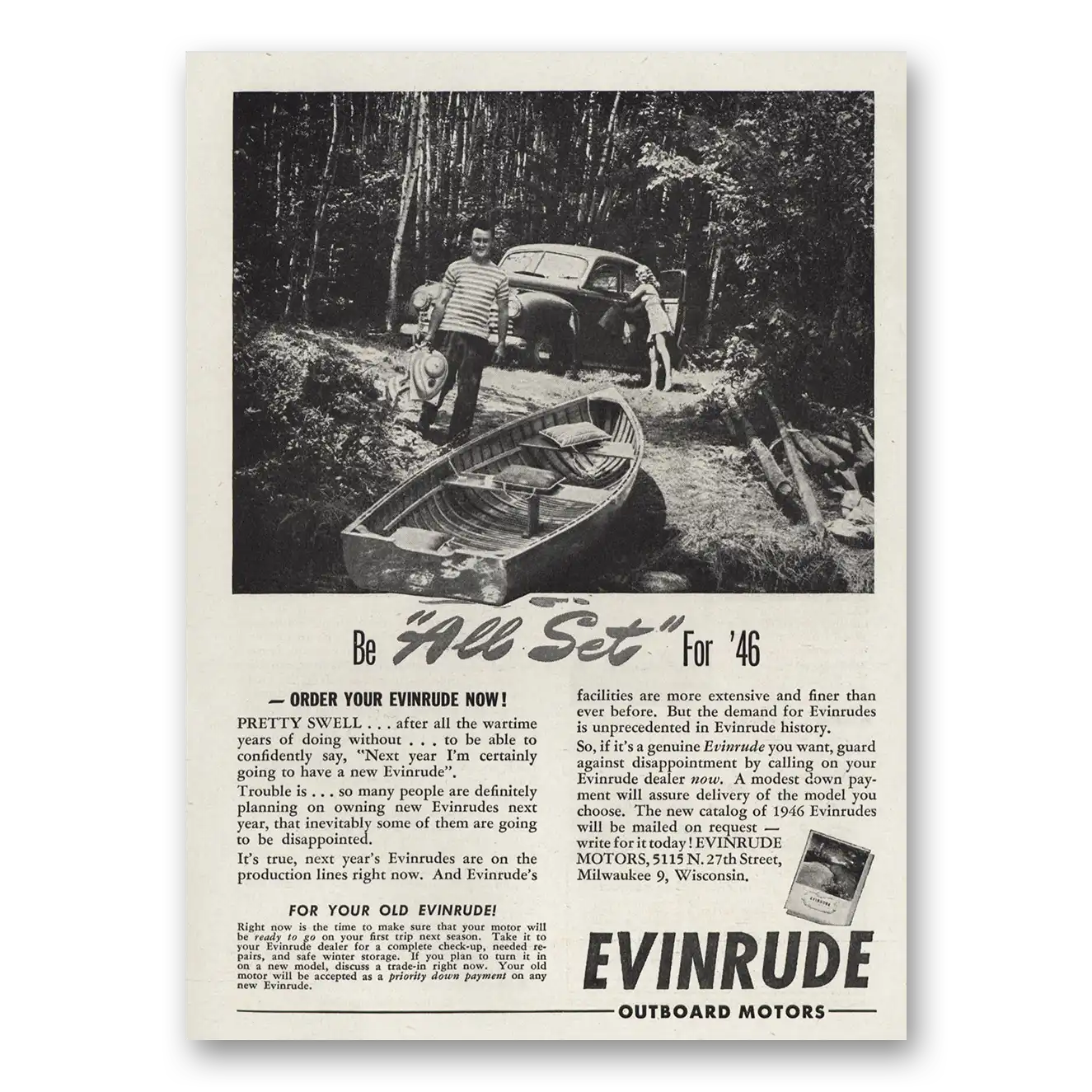 1945 Evinrude All Set for 46 Vintage Magazine Print Ad