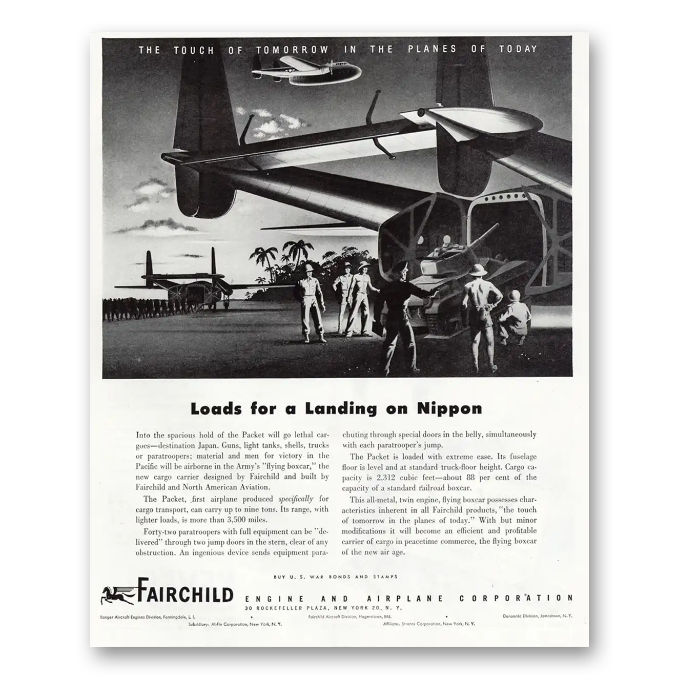 1945 Fairchild Engine Loads for a Landing On Nippon Vintage Magazine Print Ad