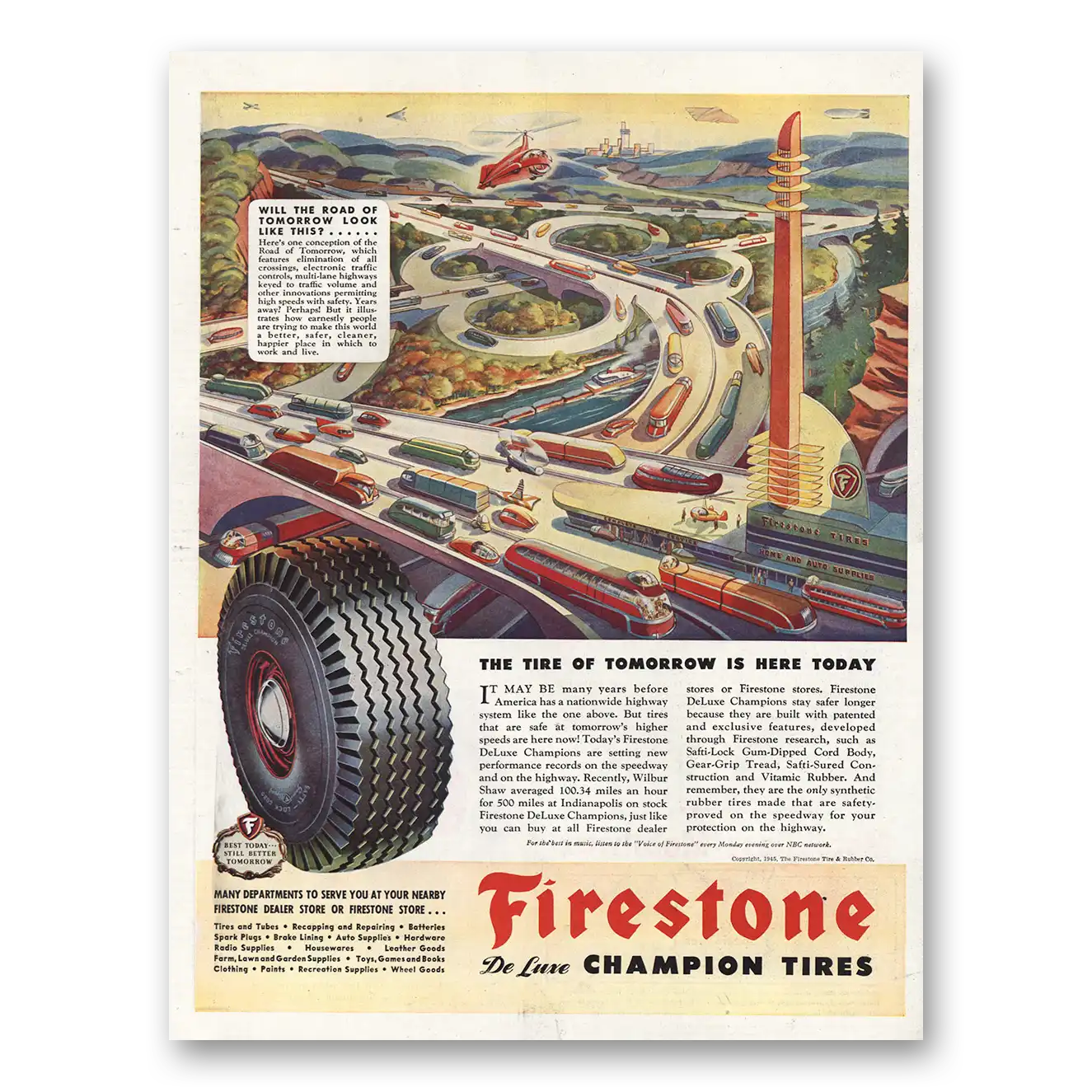 1945 Firestone Tires Tire of Tomorrow Vintage Magazine Print Ad