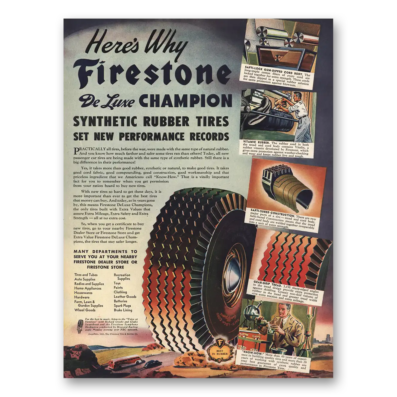 1945 Firestone Tires DeLuxe Champion New Performance Records Vintage Magazine Print Ad