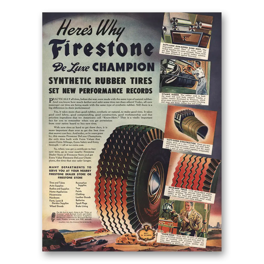 1945 Firestone Tires DeLuxe Champion New Performance Records Vintage Magazine Print Ad