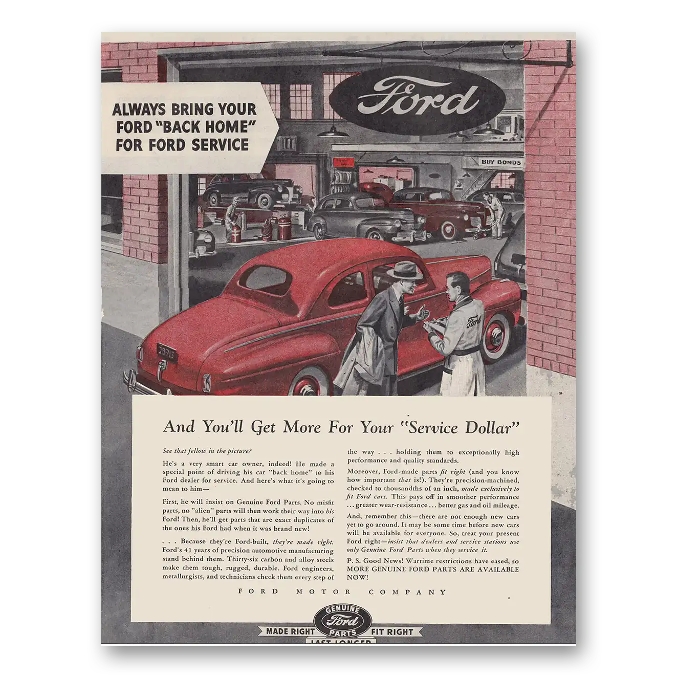 1945 Ford Parts and Service Always Bring Your Ford Back Home For Ford Service Vintage Magazine Print Ad