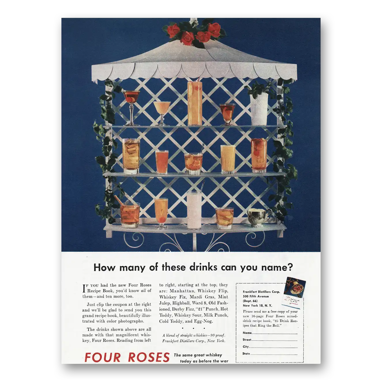 1945 Four Roses How Many Drinks Can You Name Vintage Magazine Print Ad