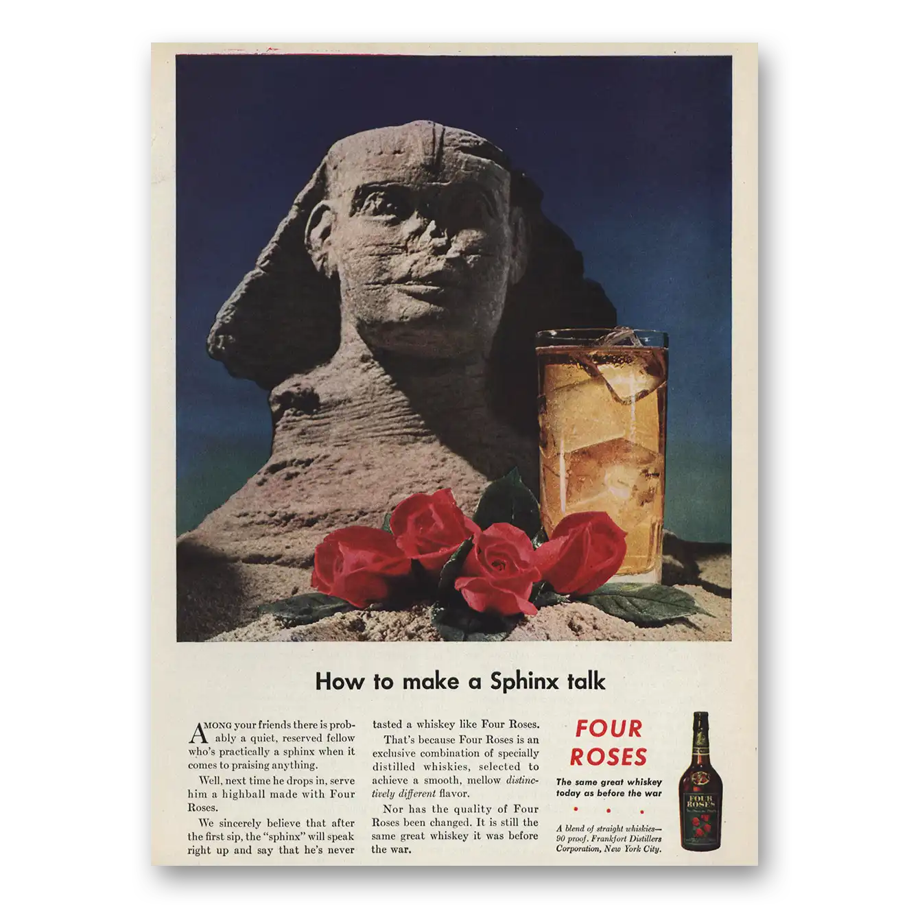 1945 Four Roses Make Sphinx Talk Vintage Magazine Print Ad