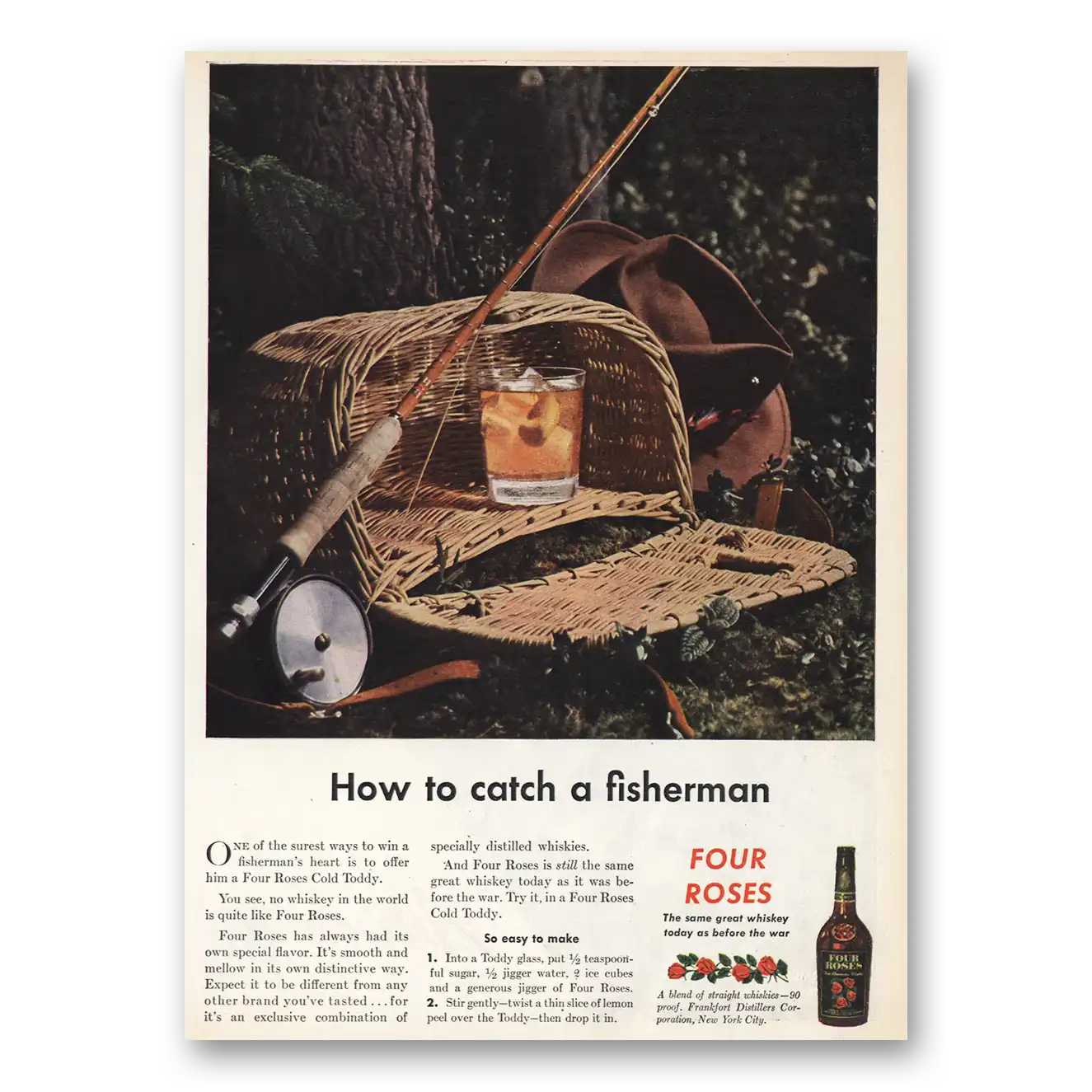 1945 Four Roses How to Catch a Fisherman Vintage Magazine Print Ad