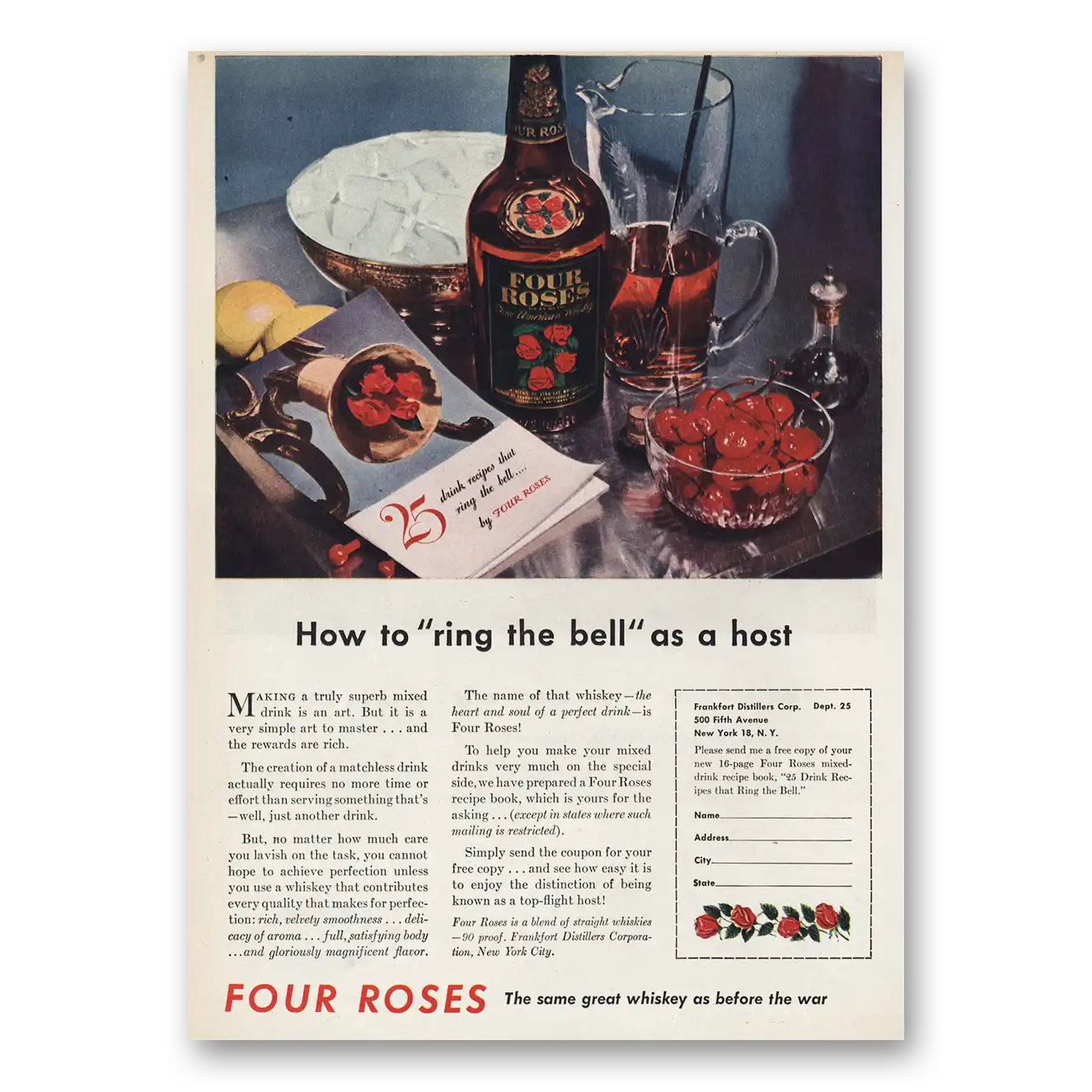 1945 Four Roses Ring the Bell as a Host Vintage Magazine Print Ad