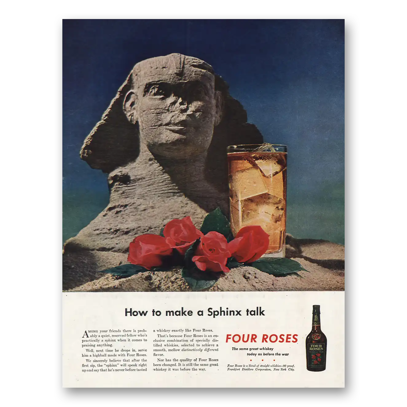 1945 Four Roses Make Sphinx Talk Vintage Magazine Print Ad