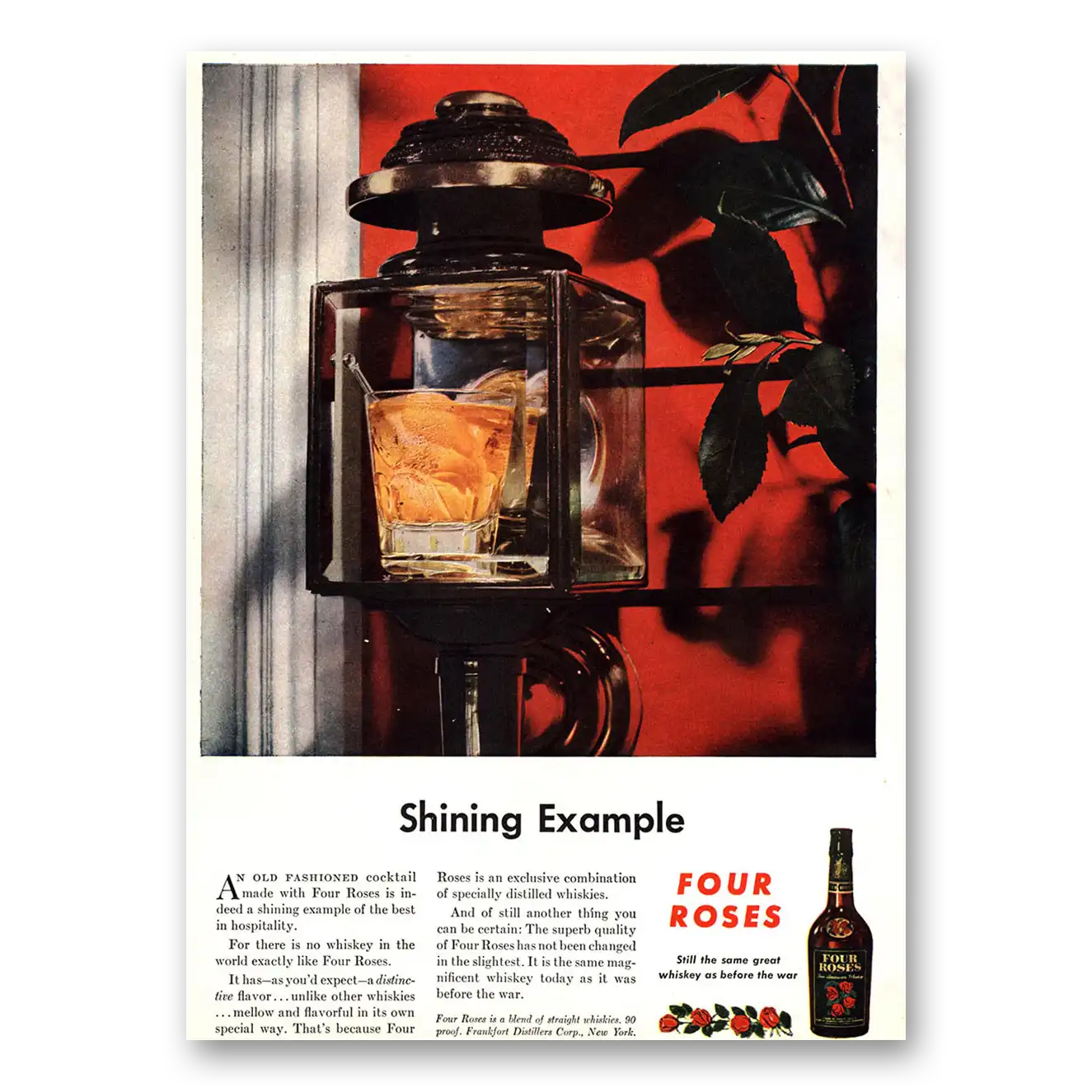 1945 Four Roses Shining Example Vintage Magazine Print Ad