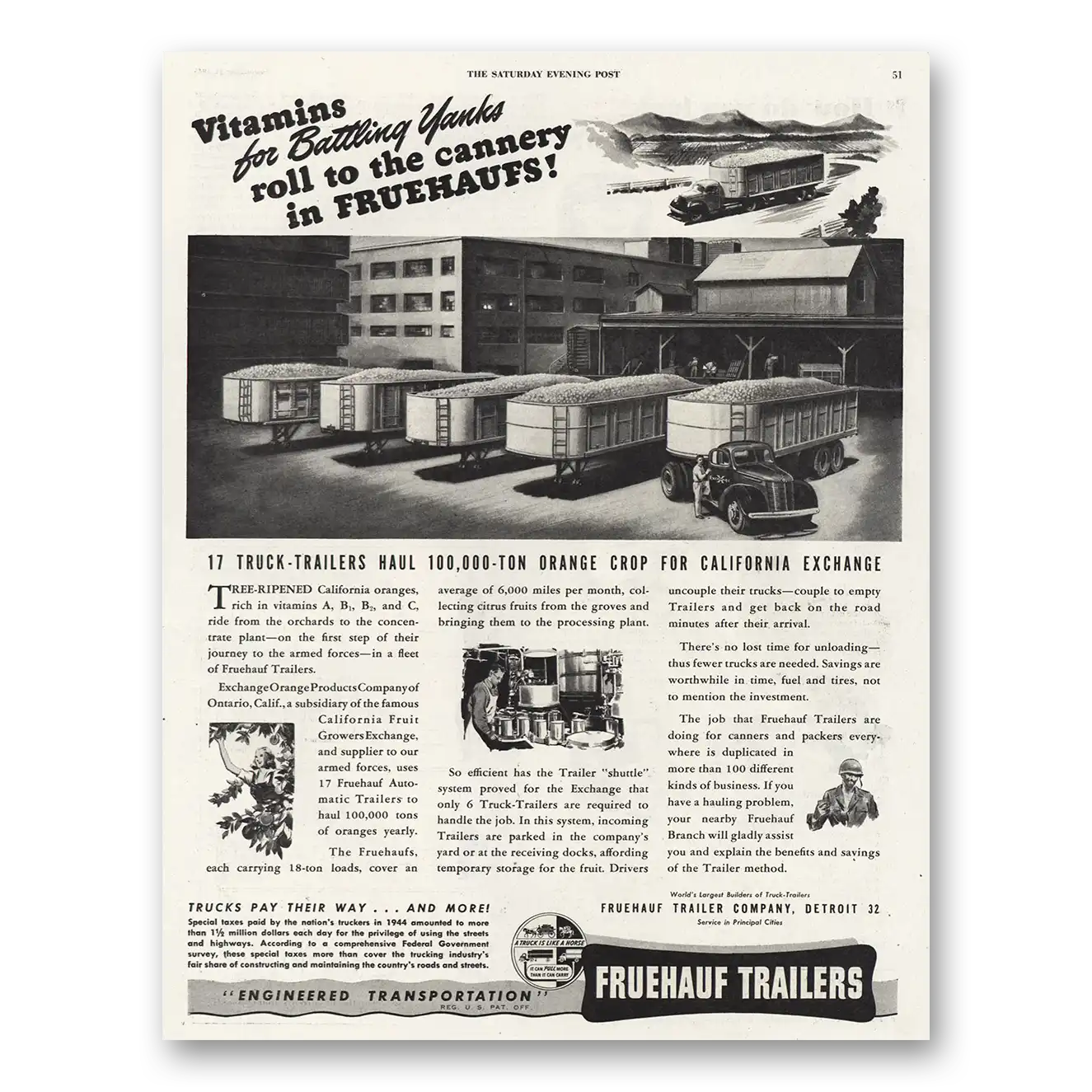 1945 Fruehauf Trailer Vitamins for Battlling Yanks Vintage Magazine Print Ad