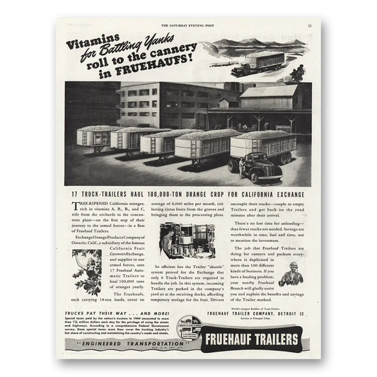 1945 Fruehauf Trailer Vitamins for Battlling Yanks Vintage Magazine Print Ad