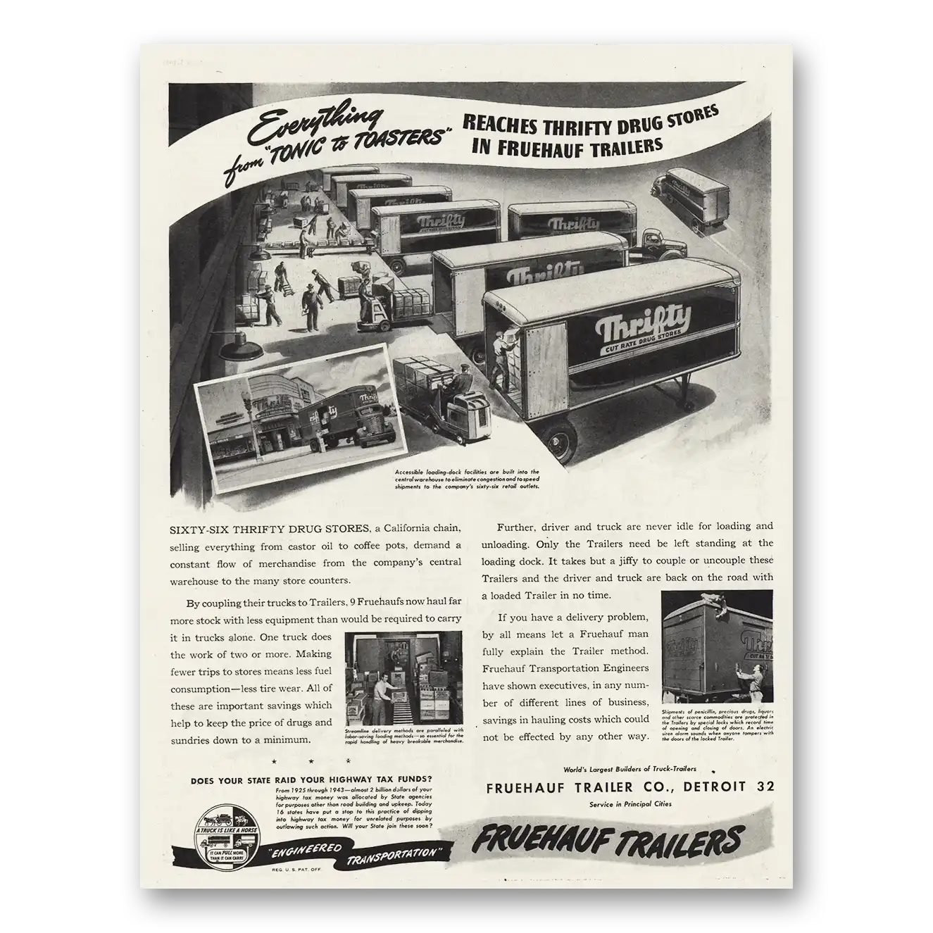 1945 Fruehauf Trailer Thrifty Drug Stores Vintage Magazine Print Ad