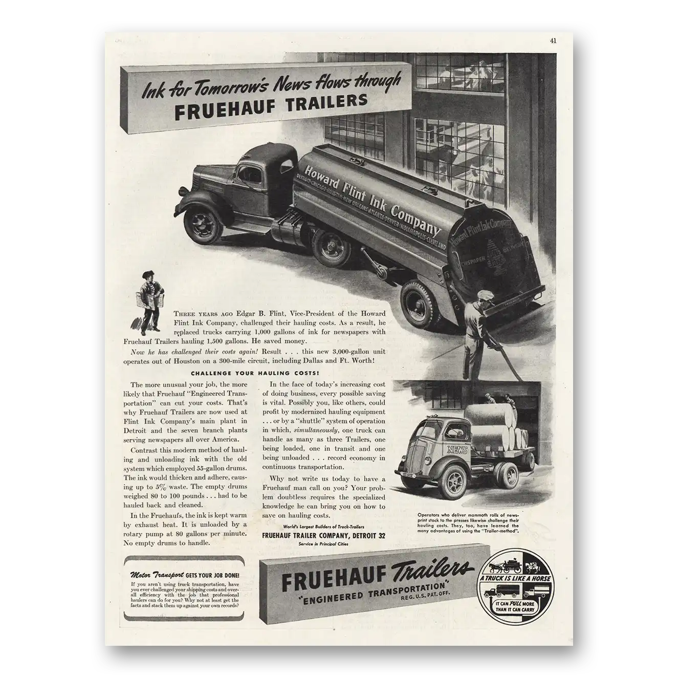 1945 Fruehauf Trailer Howard Flint Ink Company Vintage Magazine Print Ad