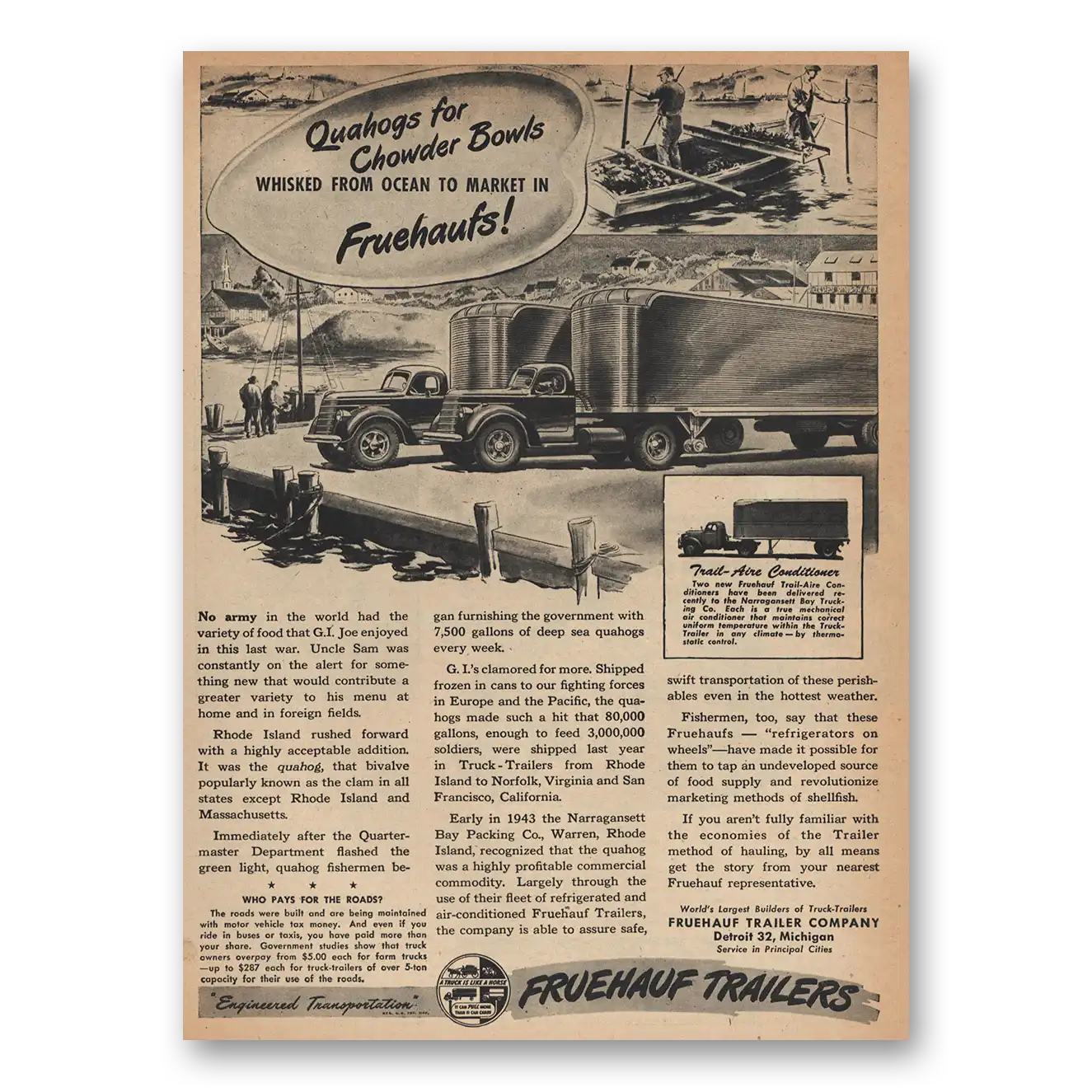 1945 Fruehauf Trailer Quahogs for Chowder Bowls Vintage Magazine Print Ad