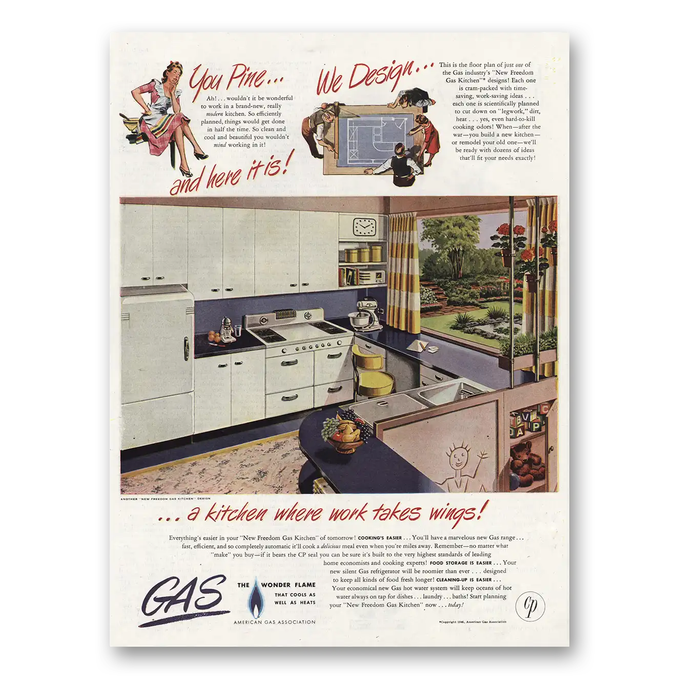 1945 American Gas Kitchen Where Work Takes Wings Vintage Magazine Print Ad