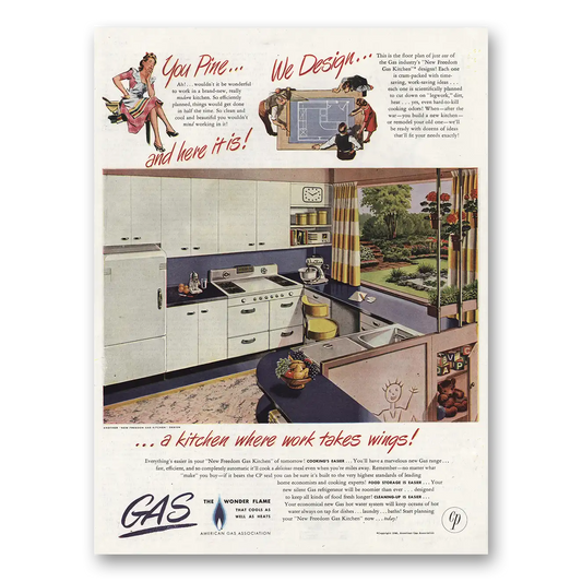 1945 American Gas Kitchen Where Work Takes Wings Vintage Magazine Print Ad