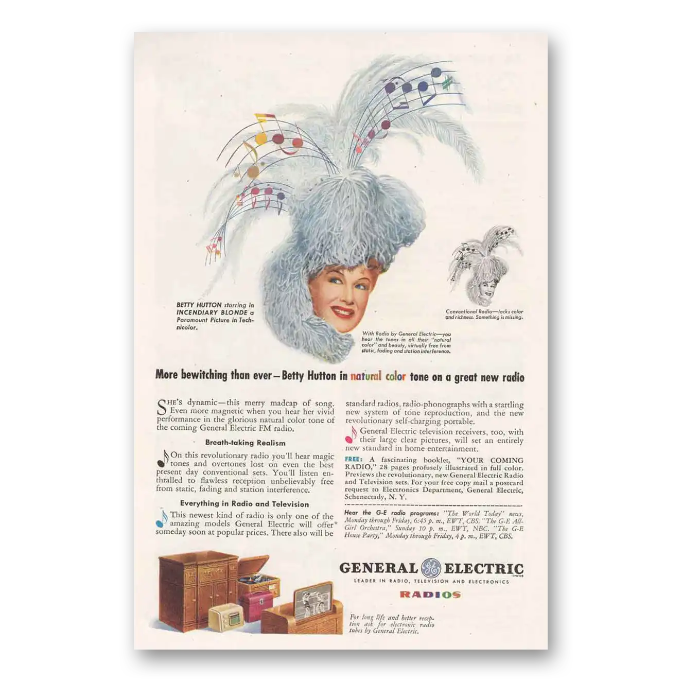 1945 General Electric Radio Betty Hutton Vintage Magazine Print Ad