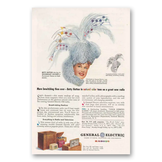 1945 General Electric Radio Betty Hutton Vintage Magazine Print Ad