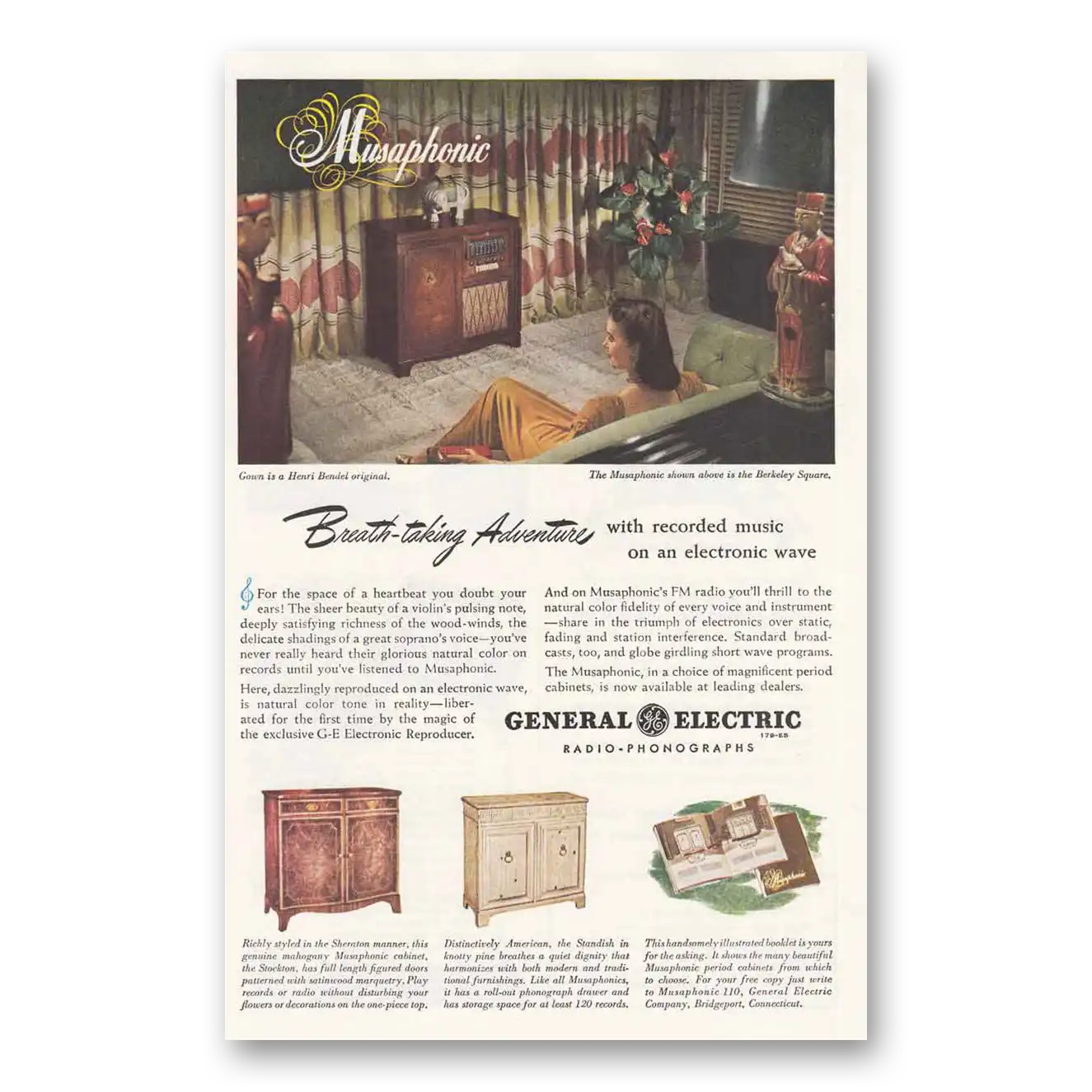 1945 General Electric Radio Musaphonic Breath Taking Adventures Vintage Magazine Print Ad