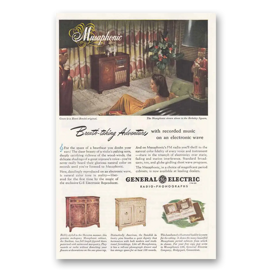 1945 General Electric Radio Musaphonic Breath Taking Adventures Vintage Magazine Print Ad