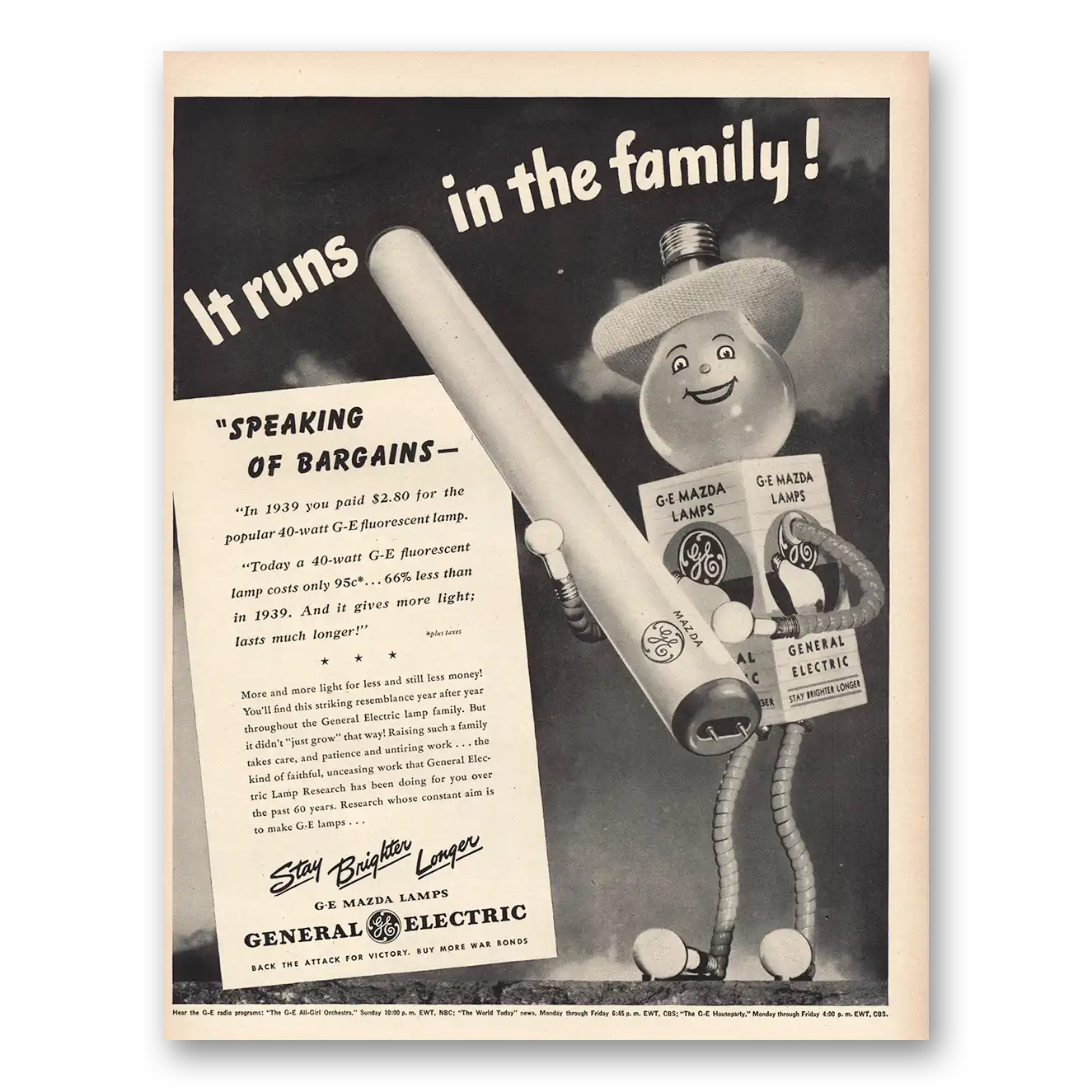 1945 GE Lamps It Runs In the Family Vintage Magazine Print Ad