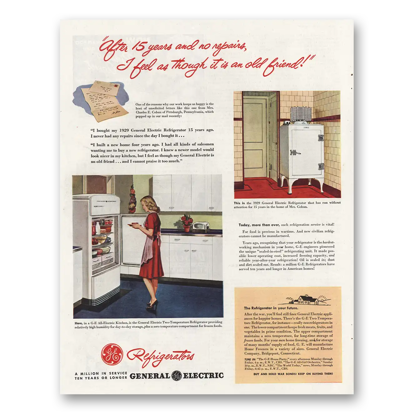 1945 General Electric Refrigerator Old Friend Vintage Magazine Print Ad