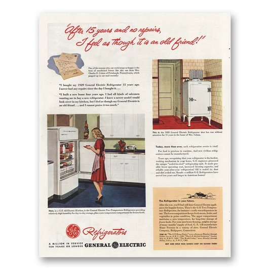 1945 General Electric Refrigerator Old Friend Vintage Magazine Print Ad