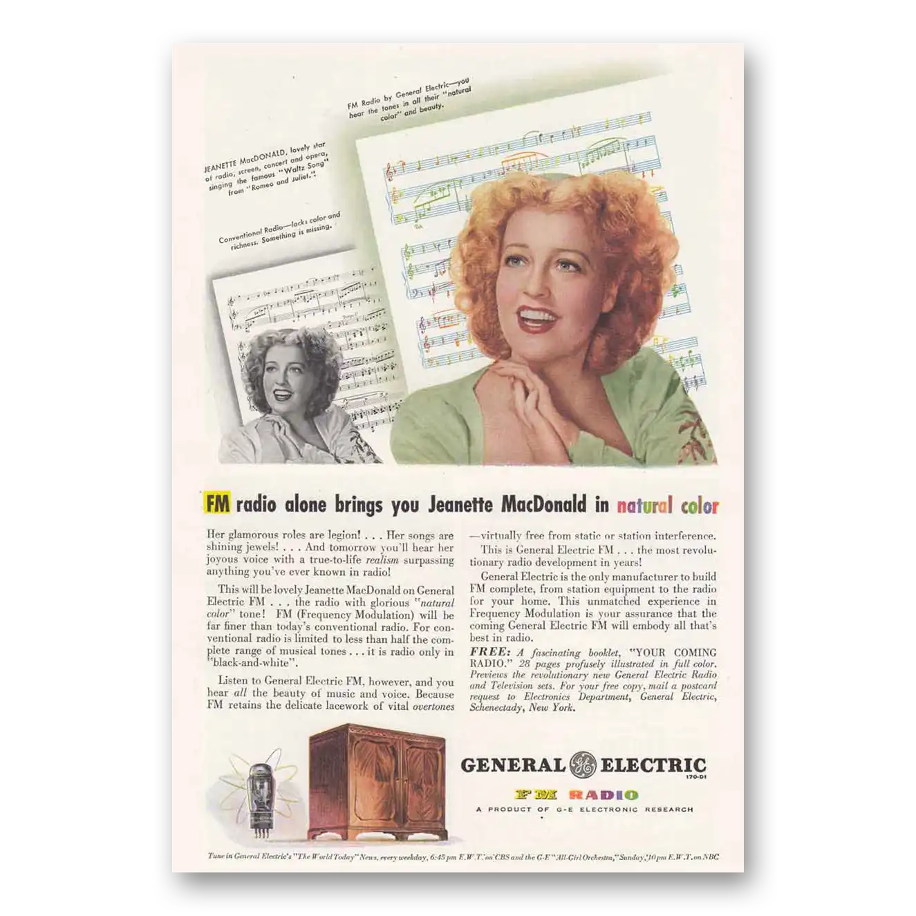 1945 General Electric Radio Jeanette MacDonald Vintage Magazine Print Ad